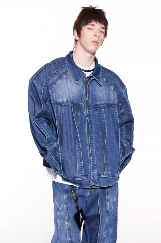 BLIND NO PLAN Striped Patchwork Denim Jacket