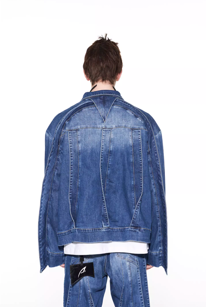 BLIND NO PLAN Striped Patchwork Denim Jacket