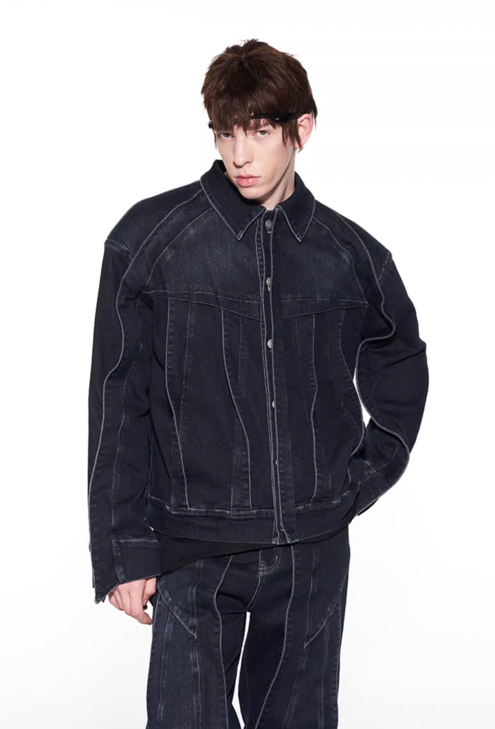 BLIND NO PLAN Striped Patchwork Denim Jacket