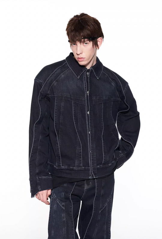 BLIND NO PLAN Striped Patchwork Denim Jacket