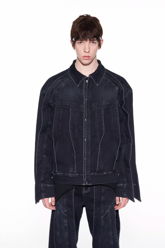 BLIND NO PLAN Striped Patchwork Denim Jacket