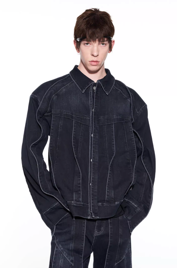 BLIND NO PLAN Striped Patchwork Denim Jacket