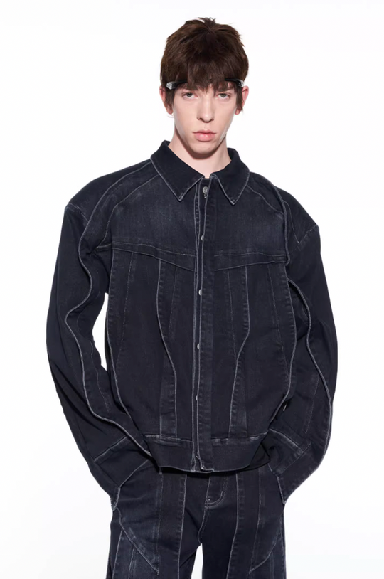 BLIND NO PLAN Striped Patchwork Denim Jacket