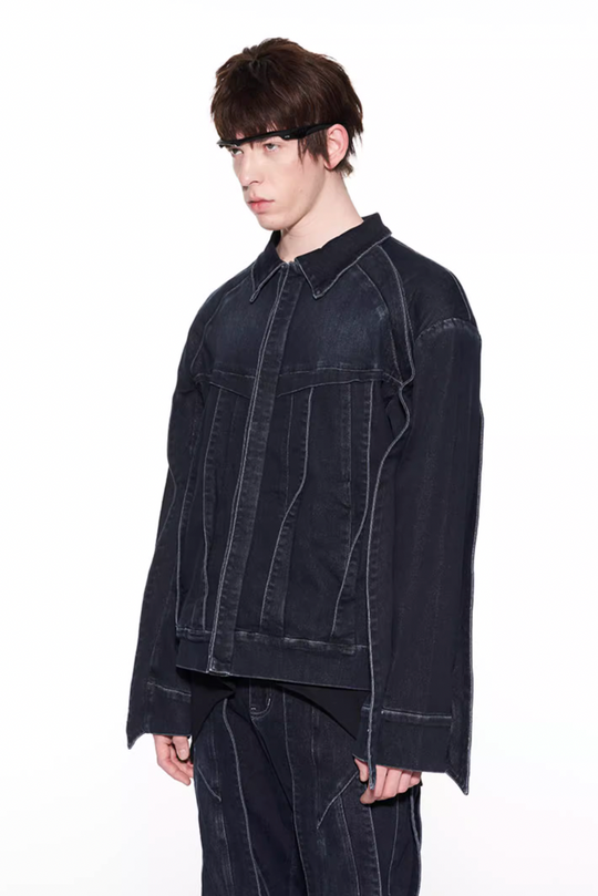 BLIND NO PLAN Striped Patchwork Denim Jacket