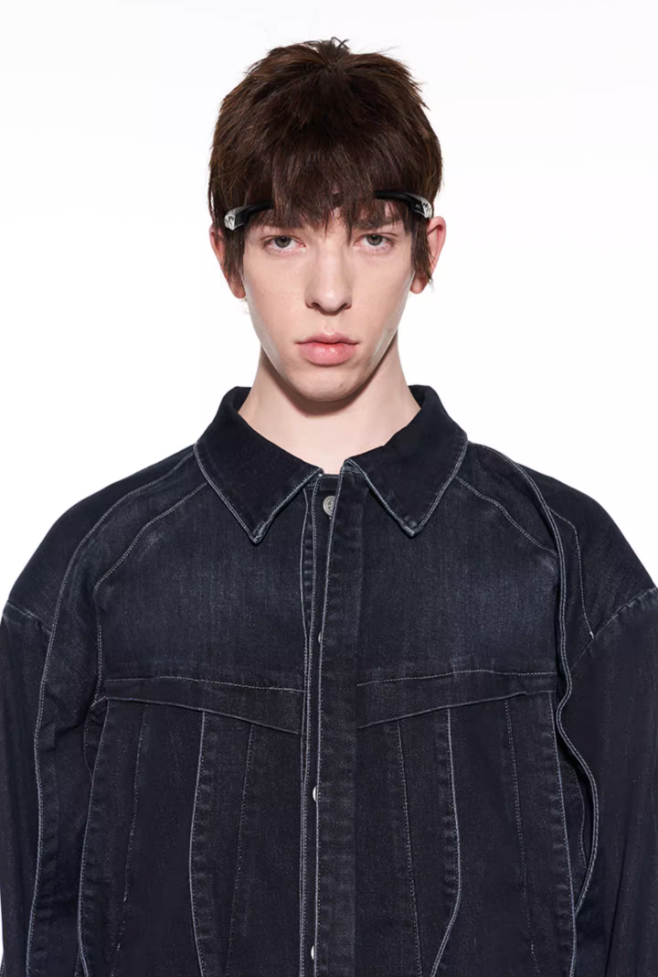 BLIND NO PLAN Striped Patchwork Denim Jacket