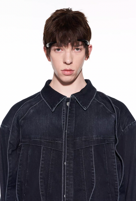 BLIND NO PLAN Striped Patchwork Denim Jacket