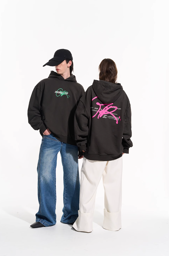 BLIND NO PLAN Washed Big Printed Letters Hoodie