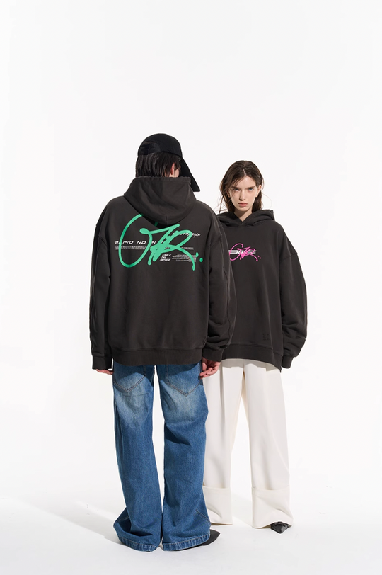 BLIND NO PLAN Washed Big Printed Letters Hoodie