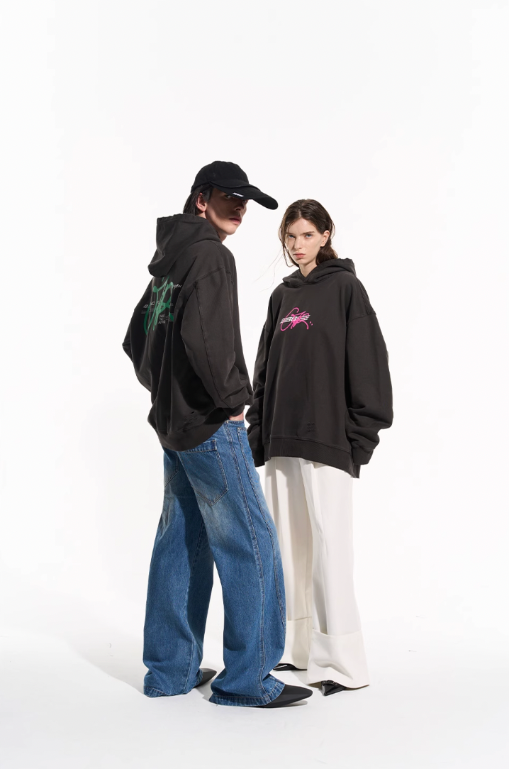 BLIND NO PLAN Washed Big Printed Letters Hoodie