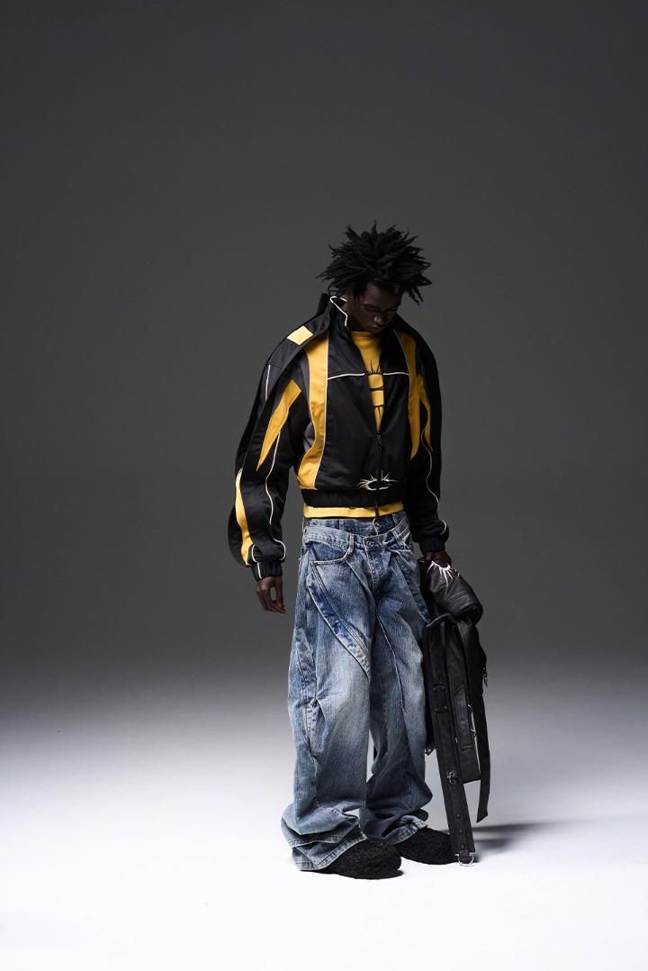 BLIND NO PLAN x BLACK8 Twisted Distressed Double Denim Jeans