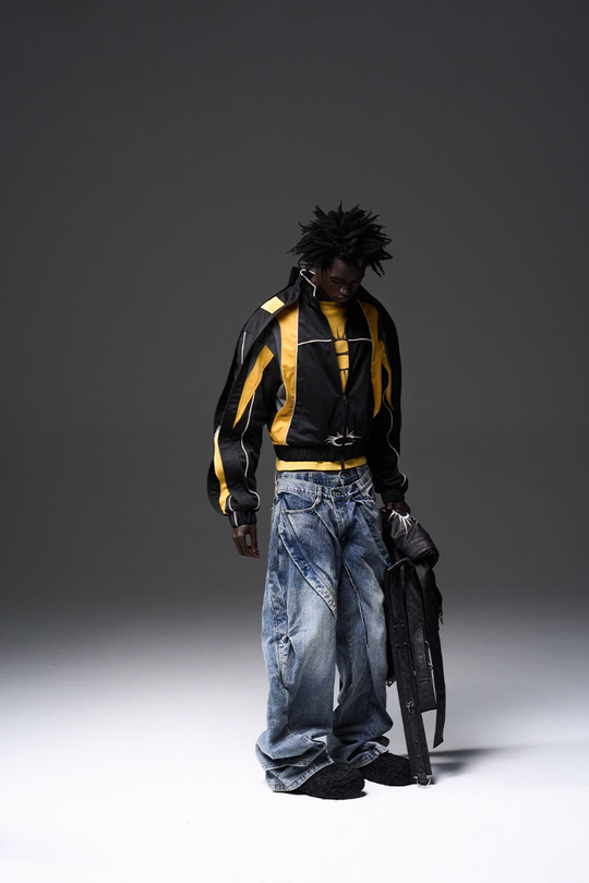 BLIND NO PLAN x BLACK8 Twisted Distressed Double Denim Jeans