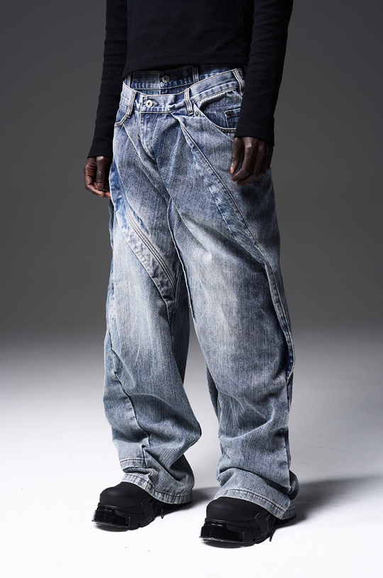 BLIND NO PLAN x BLACK8 Twisted Distressed Double Denim Jeans