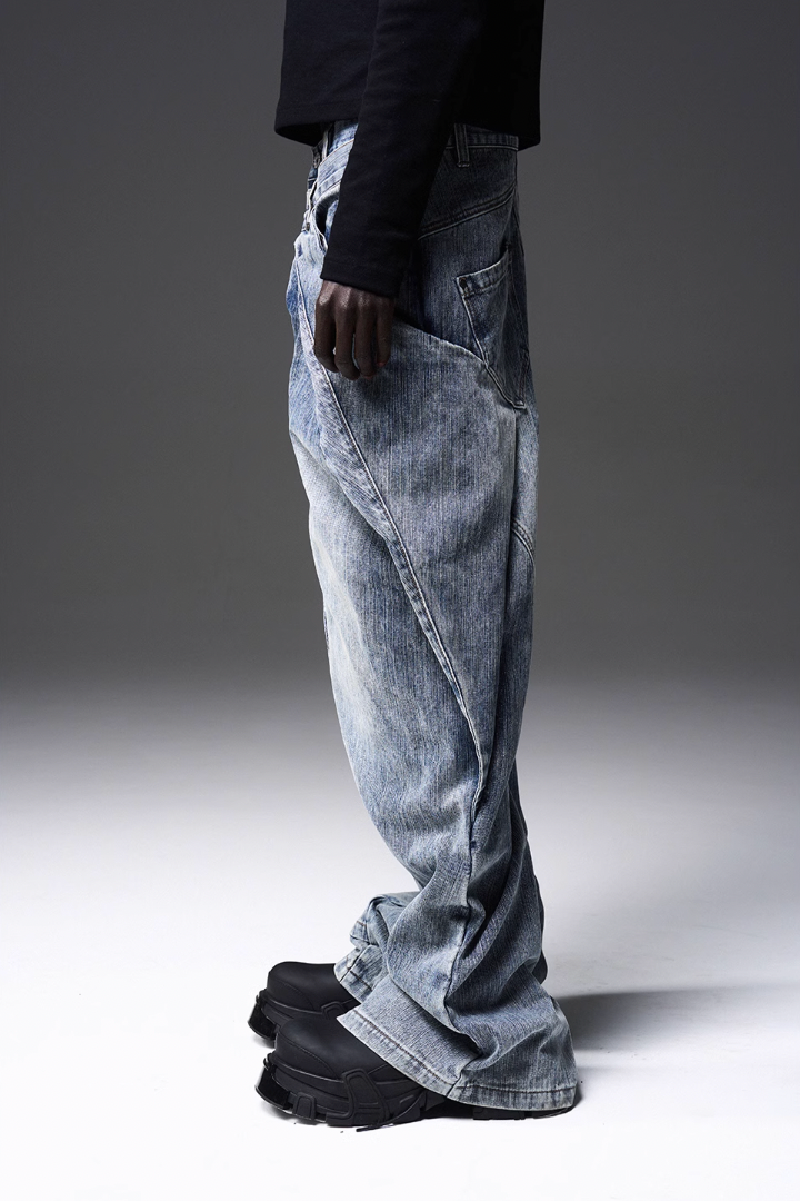 BLIND NO PLAN x BLACK8 Twisted Distressed Double Denim Jeans