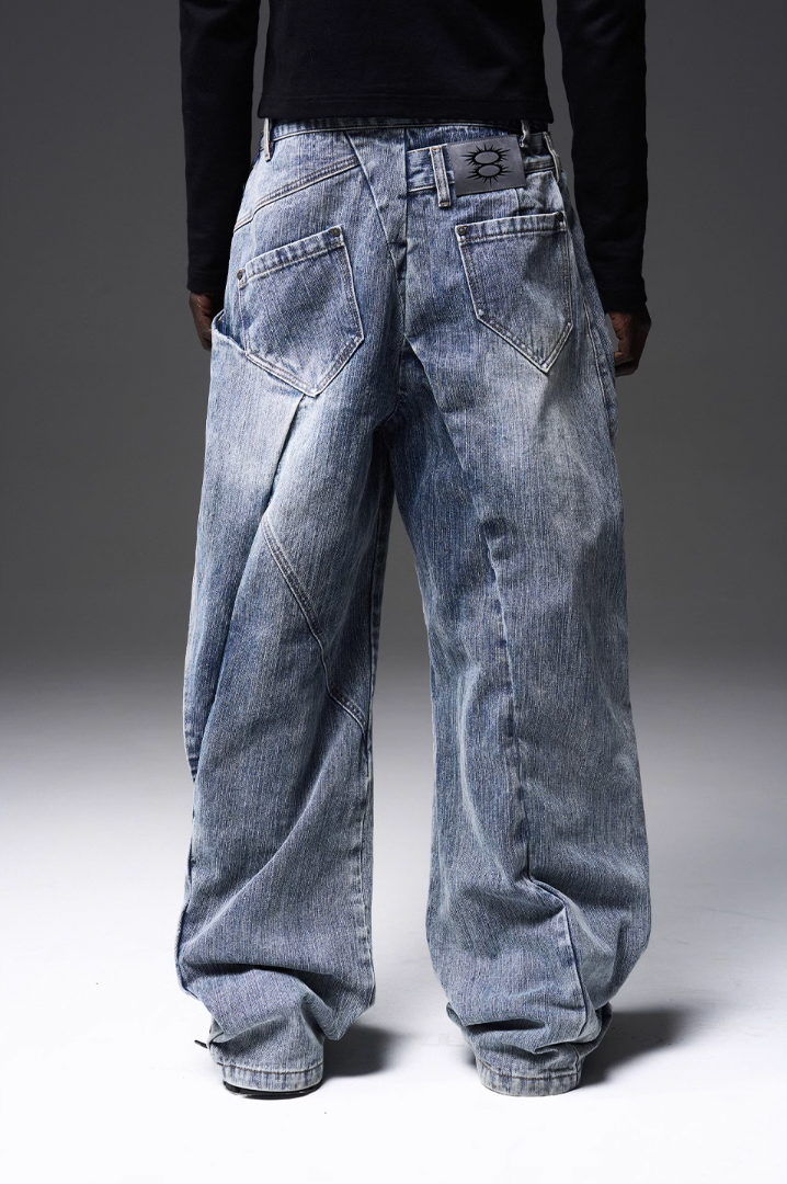 BLIND NO PLAN x BLACK8 Twisted Distressed Double Denim Jeans