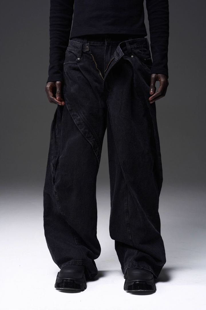 BLIND NO PLAN x BLACK8 Twisted Distressed Double Denim Jeans