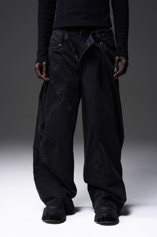 BLIND NO PLAN x BLACK8 Twisted Distressed Double Denim Jeans