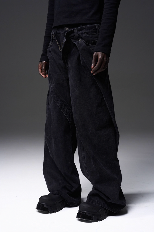 BLIND NO PLAN x BLACK8 Twisted Distressed Double Denim Jeans