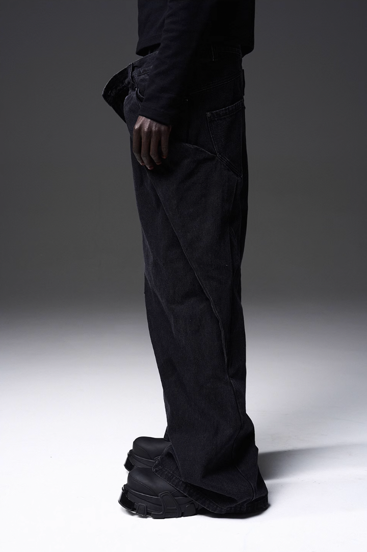 BLIND NO PLAN x BLACK8 Twisted Distressed Double Denim Jeans