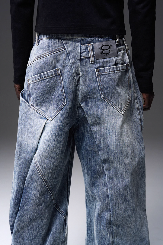 BLIND NO PLAN x BLACK8 Twisted Distressed Double Denim Jeans