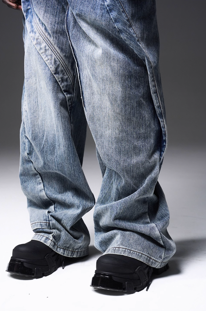 BLIND NO PLAN x BLACK8 Twisted Distressed Double Denim Jeans