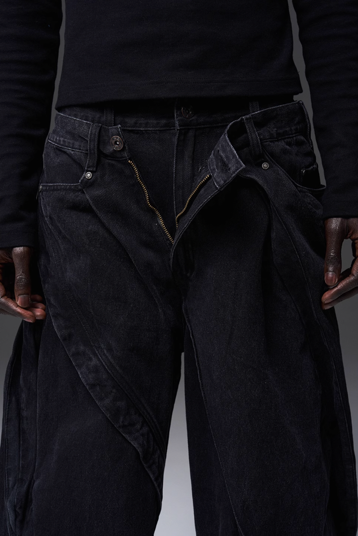 BLIND NO PLAN x BLACK8 Twisted Distressed Double Denim Jeans