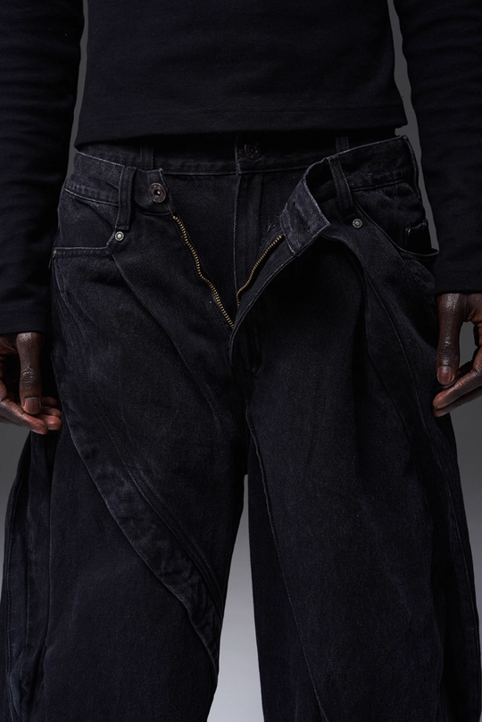BLIND NO PLAN x BLACK8 Twisted Distressed Double Denim Jeans
