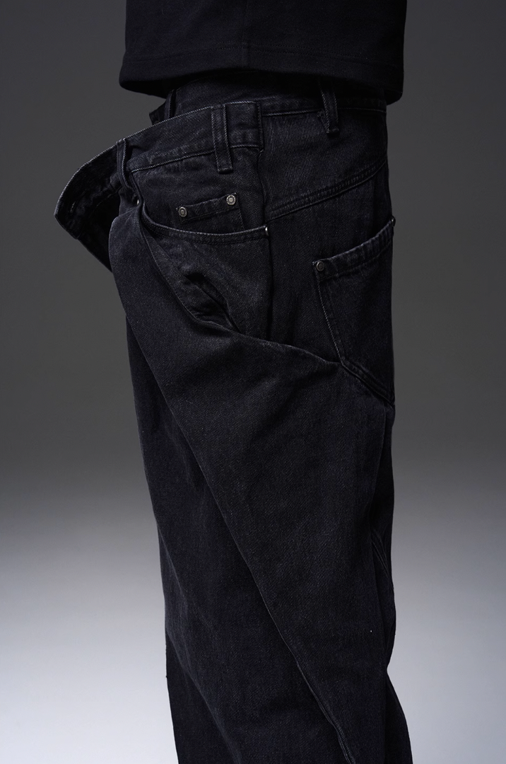 BLIND NO PLAN x BLACK8 Twisted Distressed Double Denim Jeans