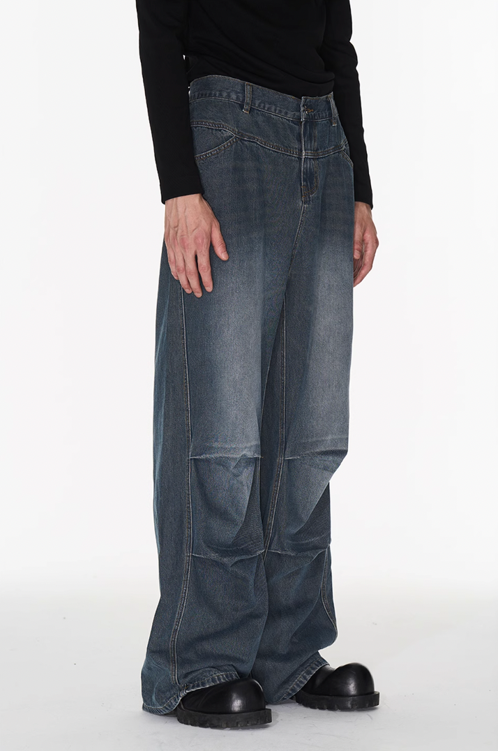 BLIND NO PLAN Silhouette Pinch Pleat Washed Denim Jeans
