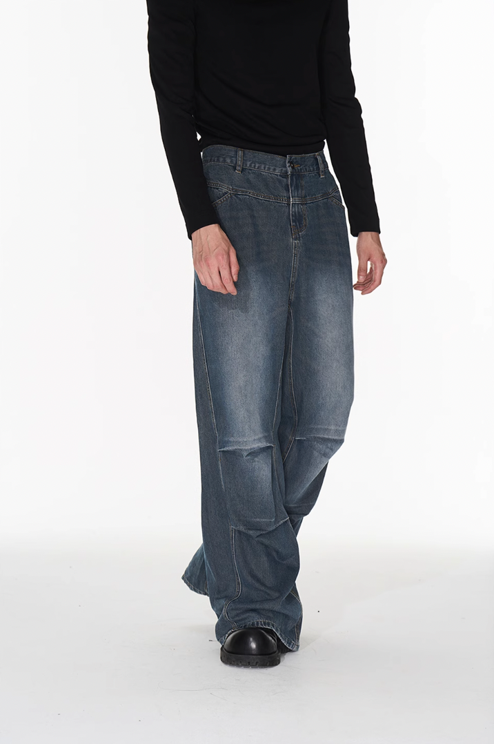 BLIND NO PLAN Silhouette Pinch Pleat Washed Denim Jeans