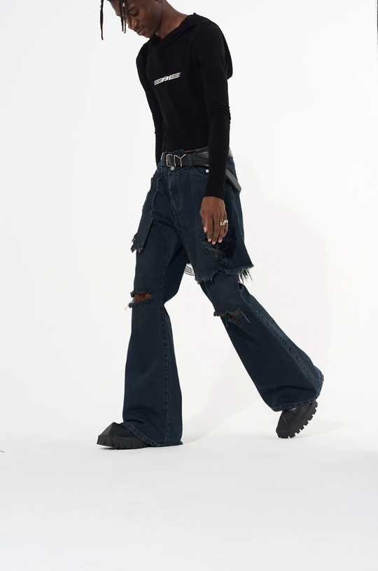 BLIND NO PLAN False Two Piece Washed Destroyed Denim Jeans