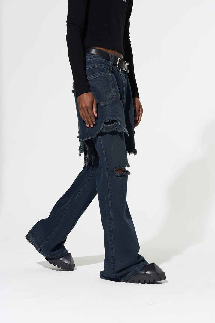 BLIND NO PLAN False Two Piece Washed Destroyed Denim Jeans