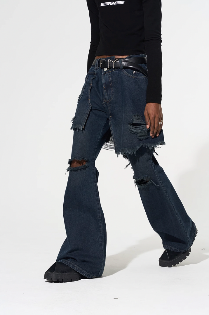 BLIND NO PLAN False Two Piece Washed Destroyed Denim Jeans