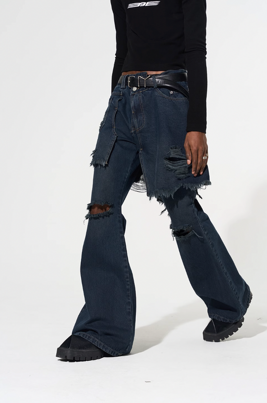 BLIND NO PLAN False Two Piece Washed Destroyed Denim Jeans