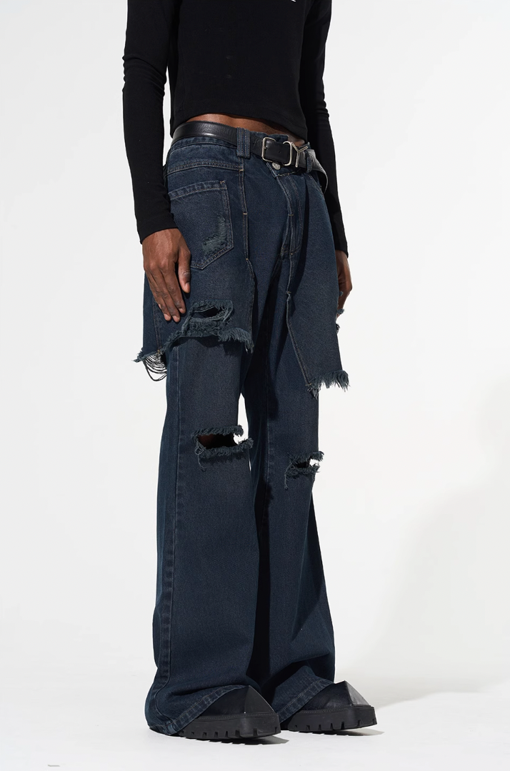 BLIND NO PLAN False Two Piece Washed Destroyed Denim Jeans