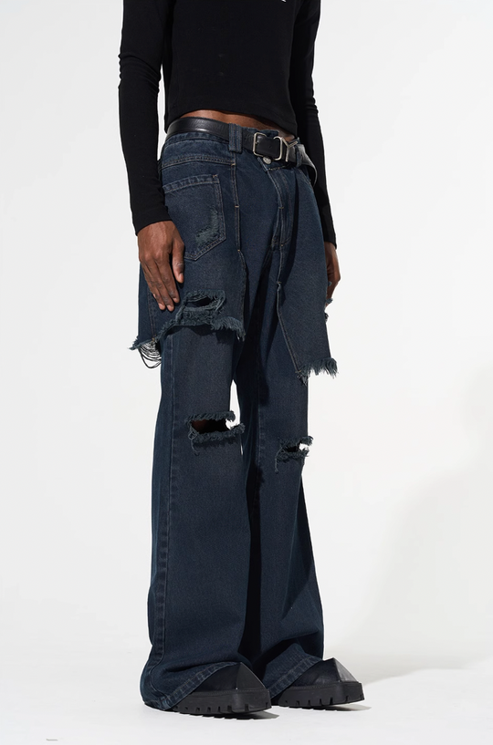 BLIND NO PLAN False Two Piece Washed Destroyed Denim Jeans