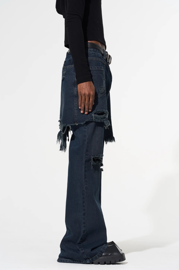 BLIND NO PLAN False Two Piece Washed Destroyed Denim Jeans