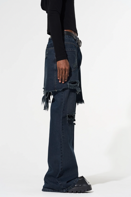 BLIND NO PLAN False Two Piece Washed Destroyed Denim Jeans