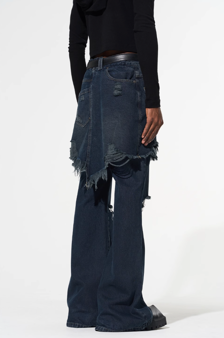BLIND NO PLAN False Two Piece Washed Destroyed Denim Jeans