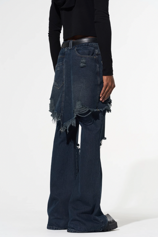 BLIND NO PLAN False Two Piece Washed Destroyed Denim Jeans