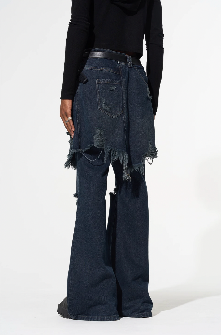 BLIND NO PLAN False Two Piece Washed Destroyed Denim Jeans