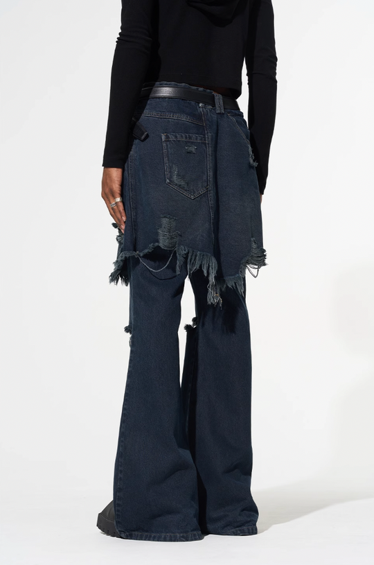 BLIND NO PLAN False Two Piece Washed Destroyed Denim Jeans