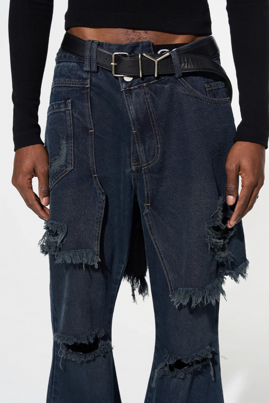 BLIND NO PLAN False Two Piece Washed Destroyed Denim Jeans