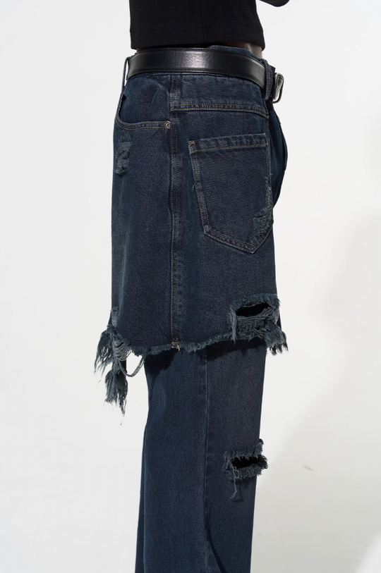 BLIND NO PLAN False Two Piece Washed Destroyed Denim Jeans