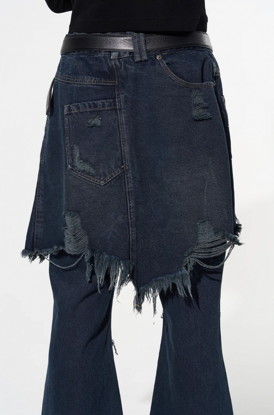 BLIND NO PLAN False Two Piece Washed Destroyed Denim Jeans