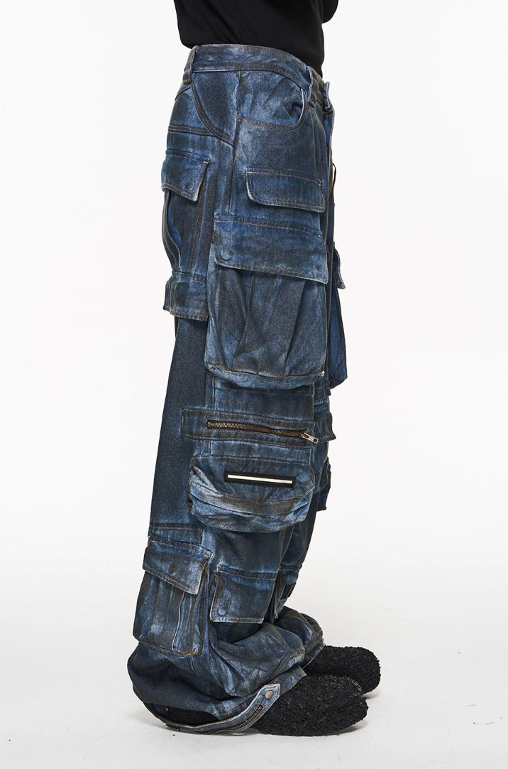 BLIND NO PLAN Multi Pocket Heavy Duty Washed Work Denim Jeans