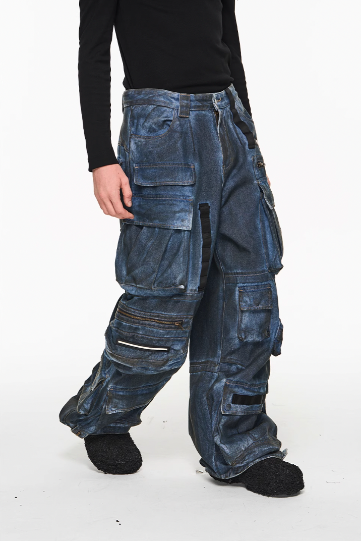 BLIND NO PLAN Multi Pocket Heavy Duty Washed Work Denim Jeans