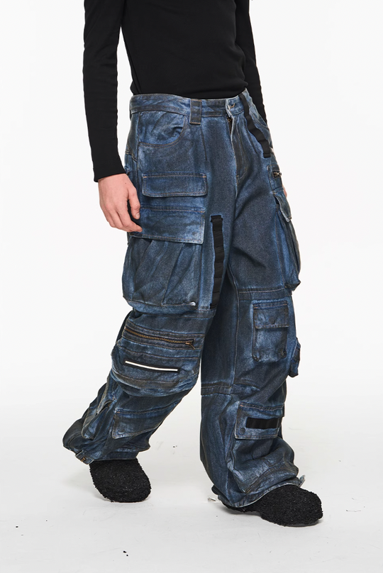 BLIND NO PLAN Multi Pocket Heavy Duty Washed Work Denim Jeans