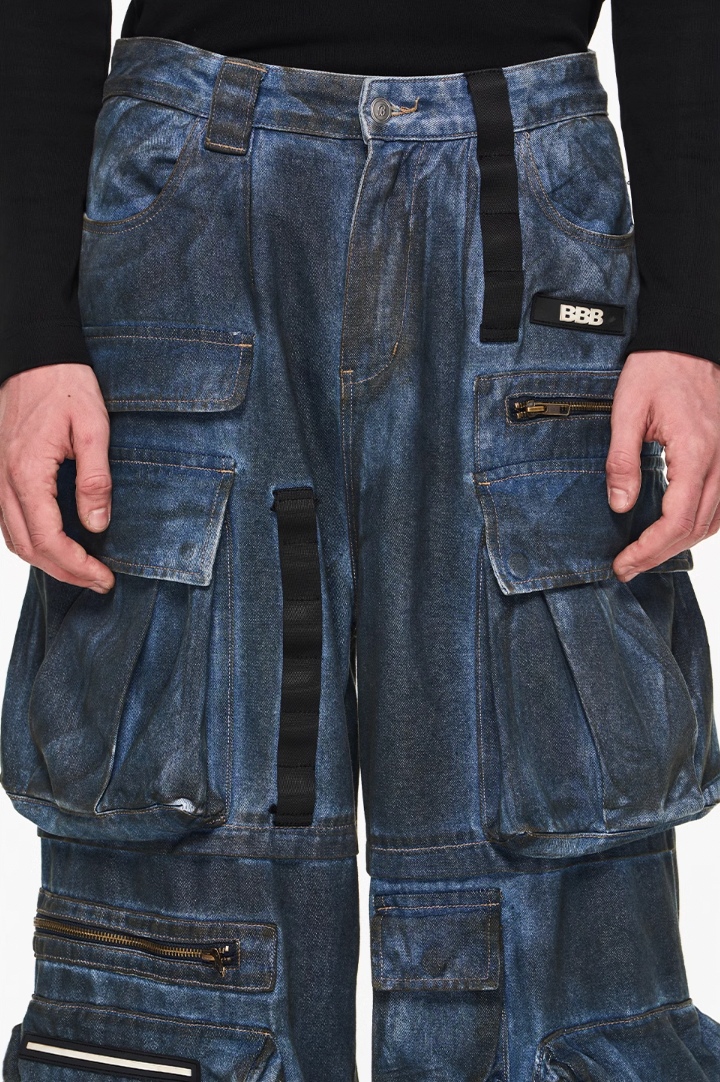 BLIND NO PLAN Multi Pocket Heavy Duty Washed Work Denim Jeans