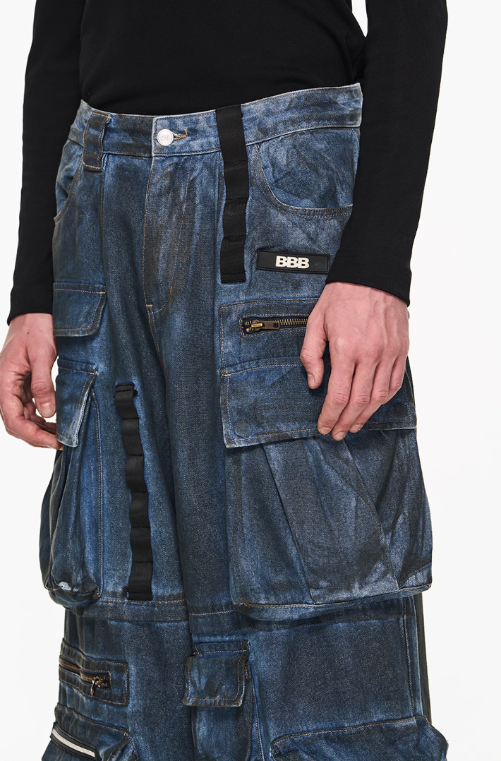 BLIND NO PLAN Multi Pocket Heavy Duty Washed Work Denim Jeans