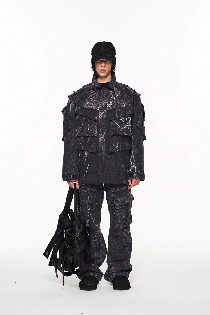 BLIND NO PLAN Psychedelic Washed Pockets Heavy Metal Pieces Workwear Pants